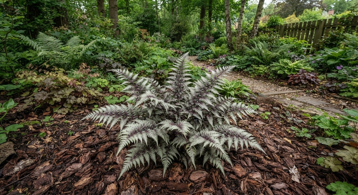 Symbolfoto / KI-Visualisierung: Athyrium niponicum var. pictum  'Burgundy Lace'